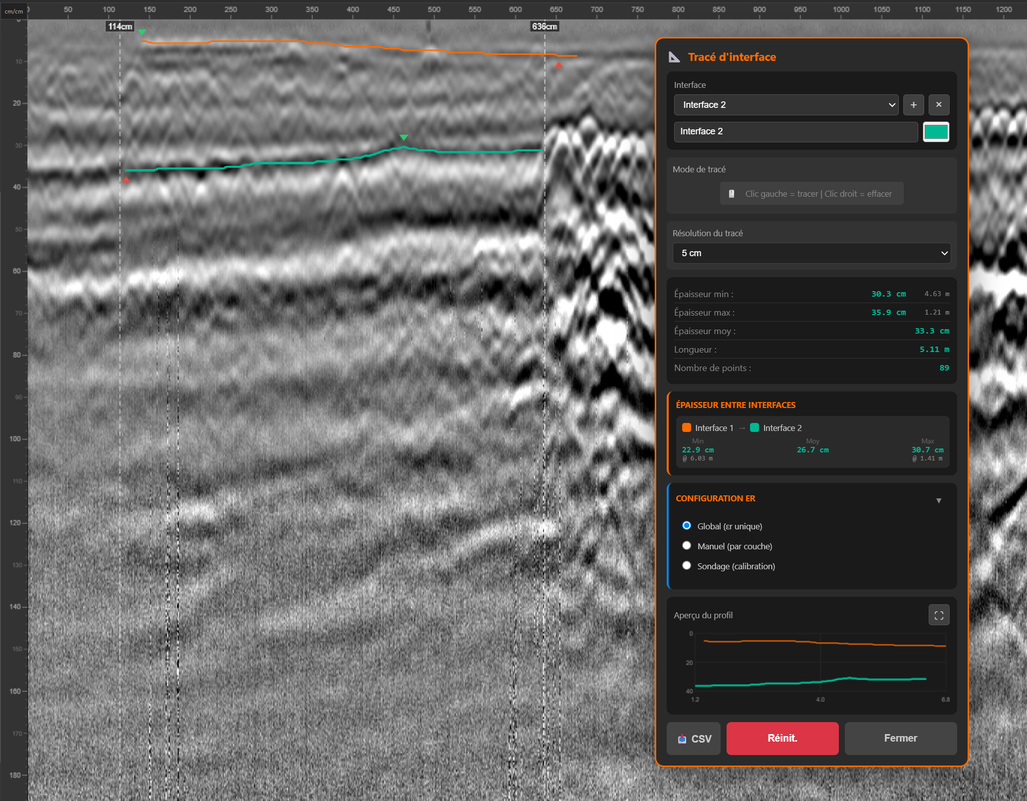 Tracé d'interfaces - GPR Viewer Pro